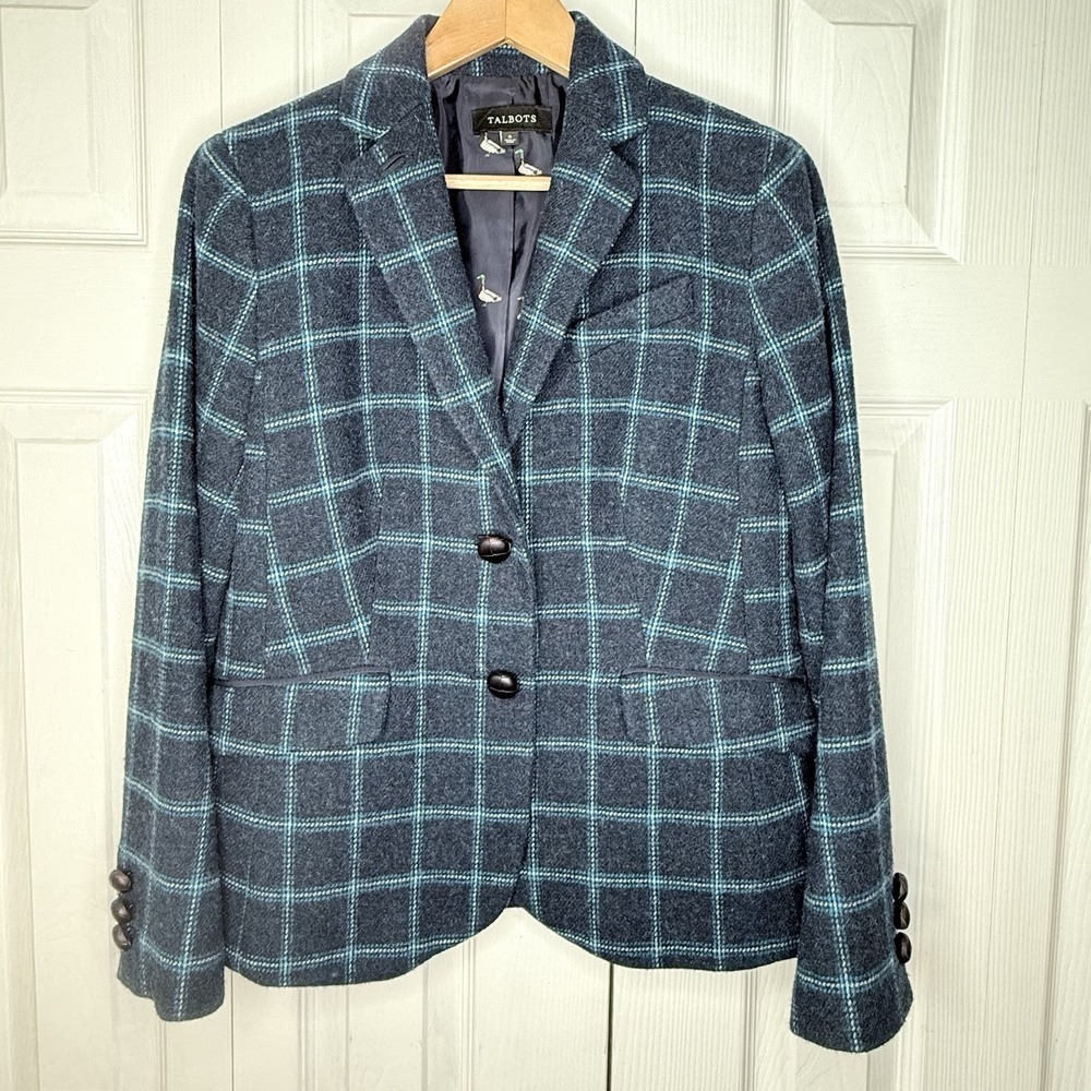 Talbots Aberdeen Wool Blazer 6 Navy Teal Windowpane Plaid Mallard Duck Lining